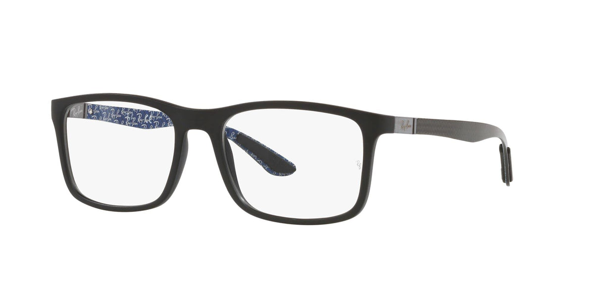 Dark eyeglass frames with blue patterned temples and demo lenses, front angled view