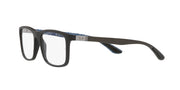 Black eyeglass frames with blue patterned top bar and demo lenses, side view