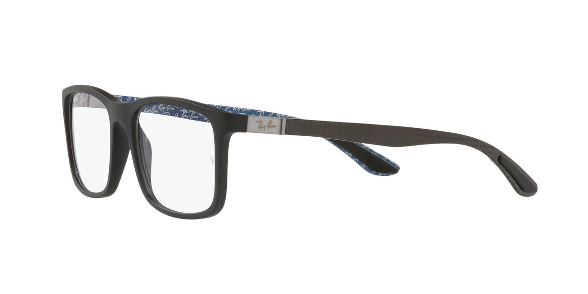 Black eyeglass frames with blue patterned top bar and demo lenses, side view