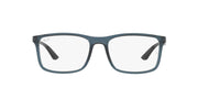 Blue-tinted rectangular eyeglass frames with demo lenses, front view