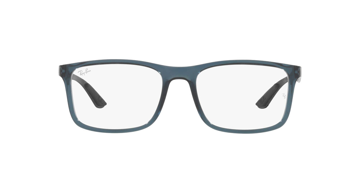 Blue-tinted rectangular eyeglass frames with demo lenses, front view
