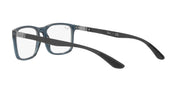 Transparent blue-grey eyeglass frames with demo lenses, side profile