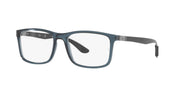Blue rectangular eyeglass frames with demo lenses, angled front view