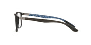 Black eyeglass frames with blue patterned temples and demo lenses, angled side view