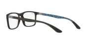 Black eyeglass frames with blue patterned temples and demo lenses, 3/4 view