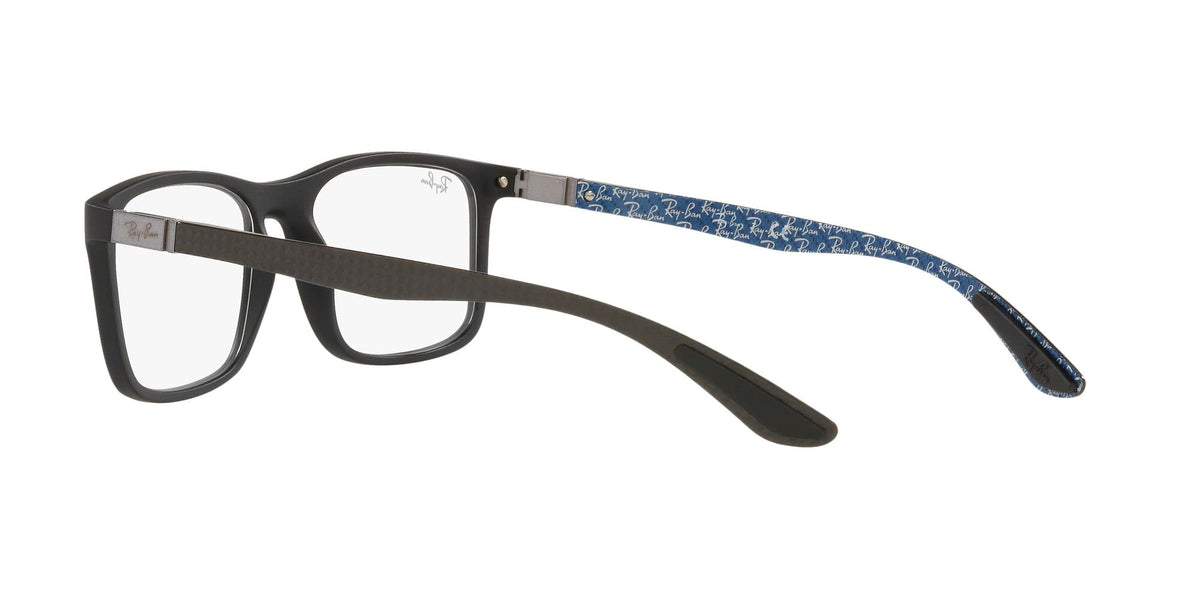 Black eyeglass frames with blue patterned temples and demo lenses, 3/4 view
