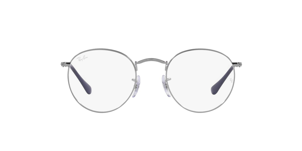 Round metal eyeglass frames with clear demo lenses, dark navy temples (front view)