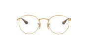 Round gold-tone eyeglass frames with clear lenses and dark horn-style temple tips