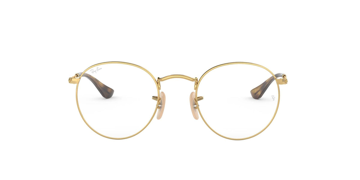 Round gold-tone eyeglass frames with clear lenses and dark horn-style temple tips