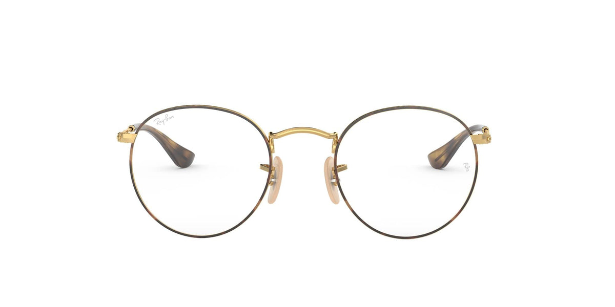Gold metal round eyeglass frames with clear demo lenses and small nose bridge.