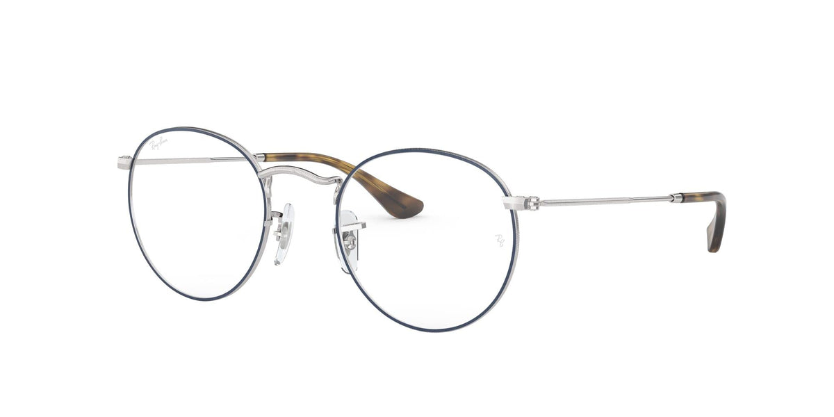 Silver round eyeglass frames with dark tortoise temple arms and clear demo lenses.