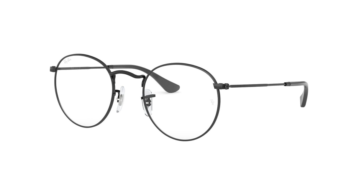 Round eyeglass frames with dark front and side-view temple arms with clear lenses