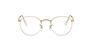 Gold-tone round metal prescription eyewear frames, straight-on view with clear lenses