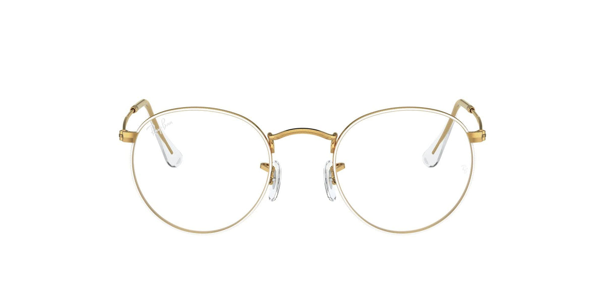 Gold-tone round metal prescription eyewear frames, straight-on view with clear lenses