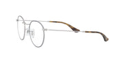 Silver metal round eyeglass frames with dark tortoise temples and clear demo lenses.