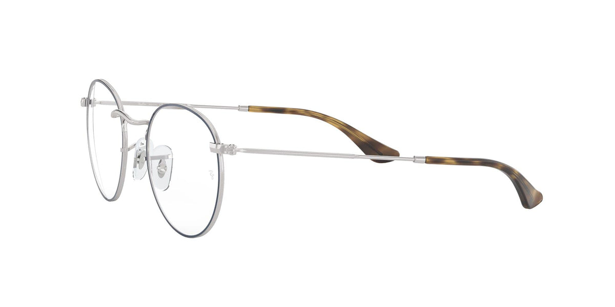 Silver metal round eyeglass frames with dark tortoise temples and clear demo lenses.