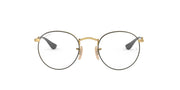 Gold round eyeglass frames with clear demo lenses and curved metal bridge.