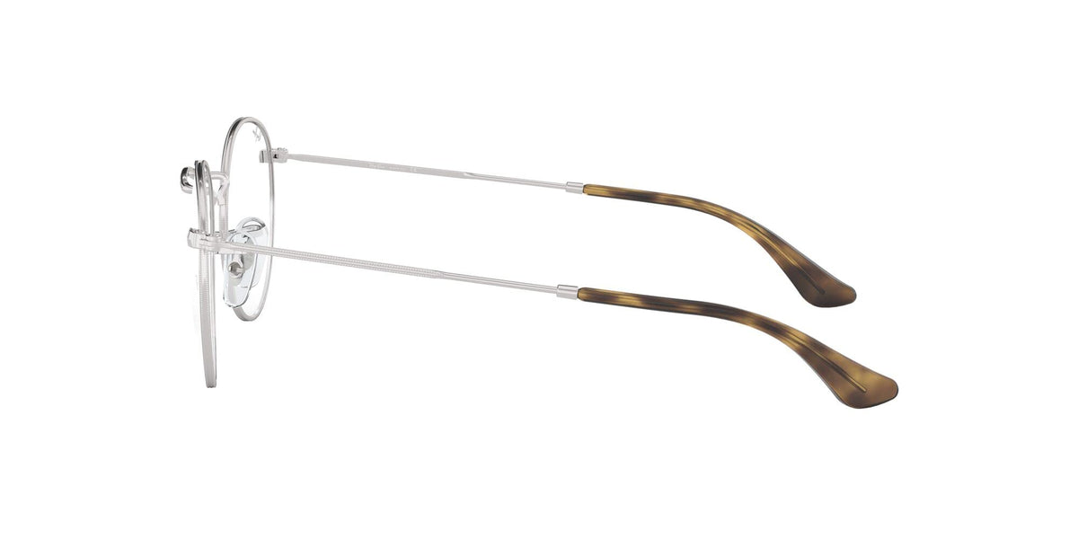 Silver metal eyeglass frames side view with dark tortoise temples and clear demo lenses.