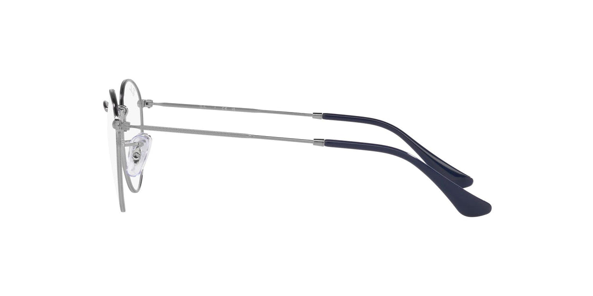 Round metal eyeglass frames with clear demo lenses, dark navy temple arms (side view)