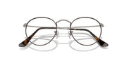 Metal round eyeglass frames with dark rims and clear lenses, hinged bridge