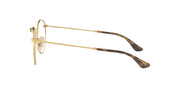 Gold metal eyeglass frames side view with dark tortoise temples and clear demo lens.