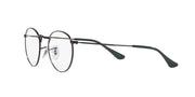 Round metal eyeglass frames with clear demo lenses, dark green temples (angled side view)