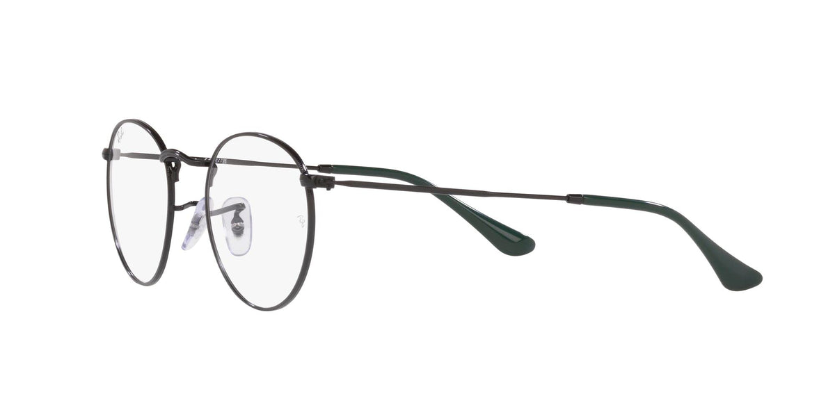 Round metal eyeglass frames with clear demo lenses, dark green temples (angled side view)