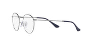 Round metal eyeglass frames with clear demo lenses, dark navy temples (angled view)