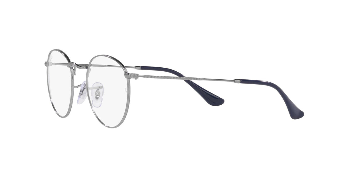 Round metal eyeglass frames with clear demo lenses, dark navy temples (angled view)