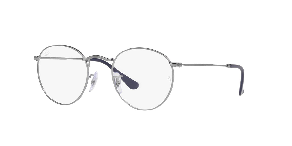 Round metal eyeglass frames with clear demo lenses, dark navy arms (side view)
