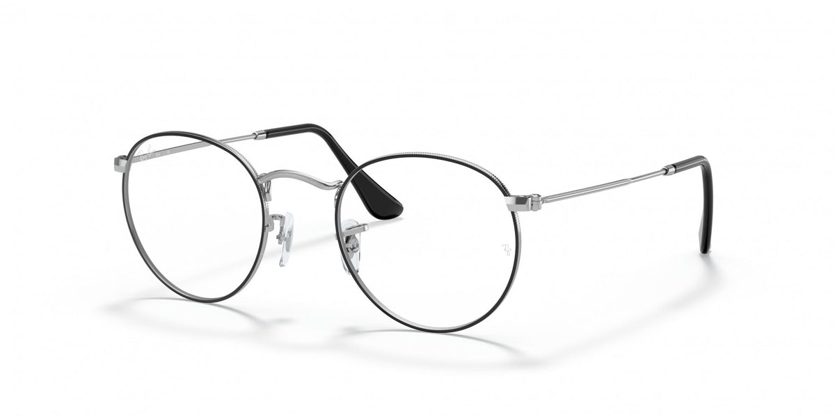 Round prescription eyewear frames with clear lenses, black temples and silver-tone metal rims