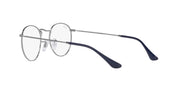 Round metal eyeglass frames with clear demo lenses, dark navy temples (angled front view)