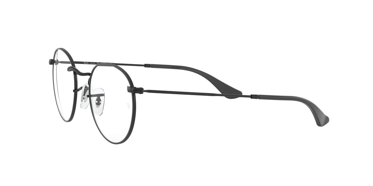 Rectangular round black eyeglass frames with clear lenses and curved temple arms