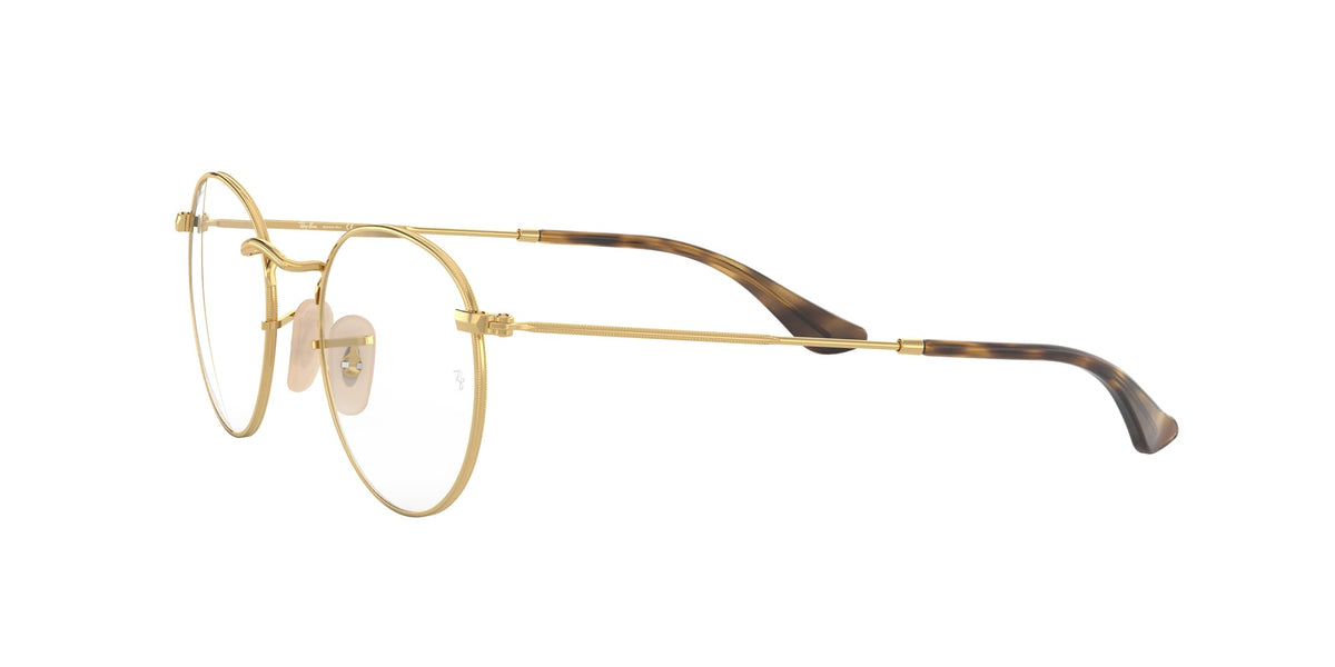 Gold prescription eyewear frames with tortoise-style acetate temples