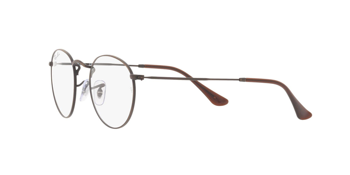 Round prescription eyewear frames with clear lenses, gunmetal frame and warm brown temples