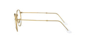 Gold-tone round metal prescription eyewear frames, back temple view with clear lenses
