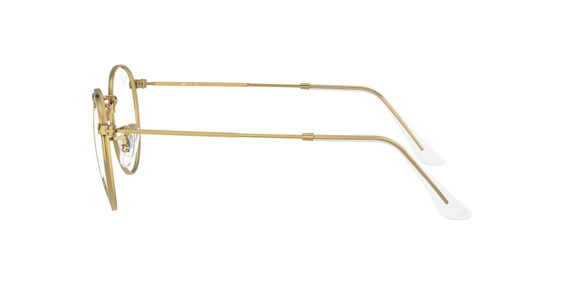 Gold-tone round metal prescription eyewear frames, back temple view with clear lenses
