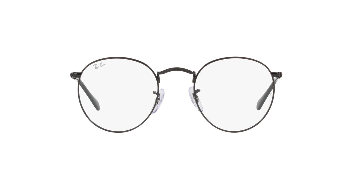 Round metal eyeglass frames with clear demo lenses, dark gunmetal temples (front view)