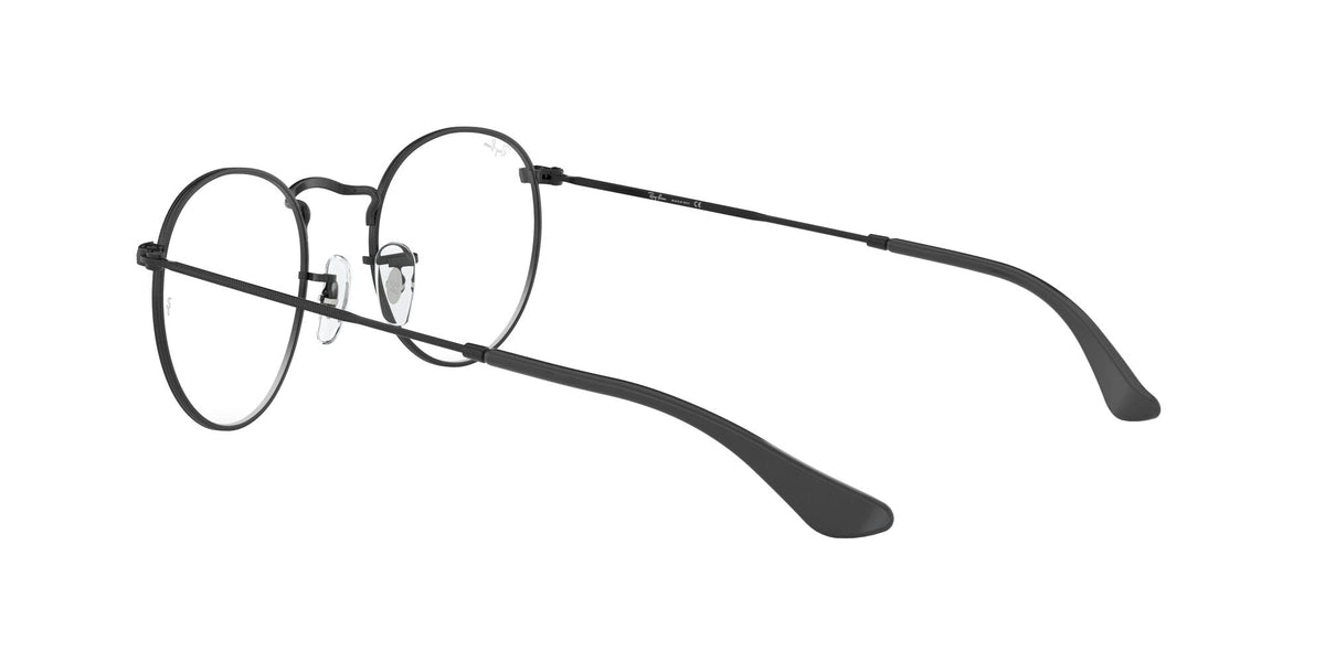 Round black eyeglass frames with clear lenses and long curved temple arms