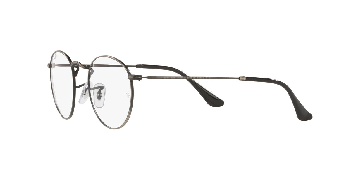 Round prescription eyewear frames with clear lenses, gunmetal metal and black temple tips