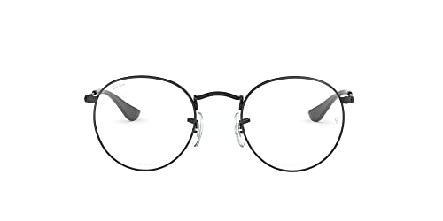 Round black metal eyeglass frames with clear lenses and dark temple tips