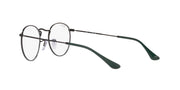 Round metal eyeglass frames with clear demo lenses, dark green temples (angled front view)