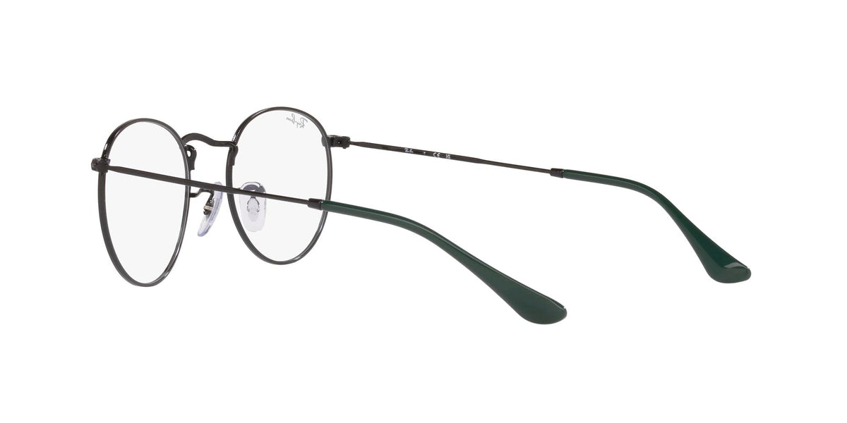Round metal eyeglass frames with clear demo lenses, dark green temples (angled front view)