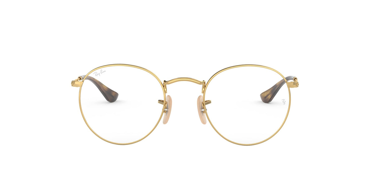 Gold round prescription eyewear frames, front view with dark temple detail