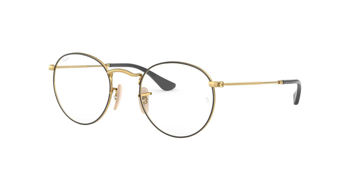 Gold-tone round metal prescription eyewear frames, front view with clear lenses