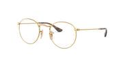 Gold round prescription eyewear frames with dark acetate temples and hinge detail