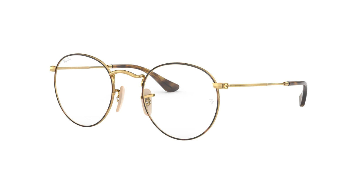 Gold round eyeglass frames with dark tortoise temple tips and clear demo lenses.