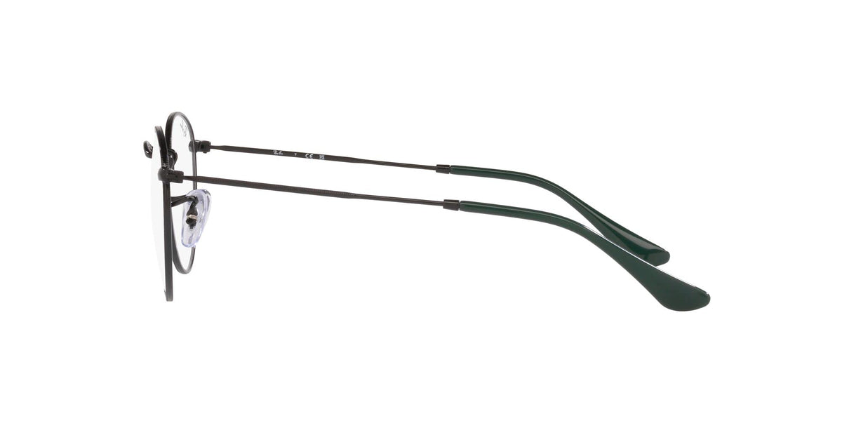 Round metal eyeglass frames with clear demo lenses, dark green temple arms (side view)