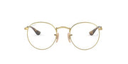 Gold round prescription eyewear frames with dark lenses and thin temples