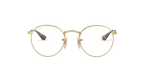 Gold round prescription eyewear frames with dark lenses and thin temples